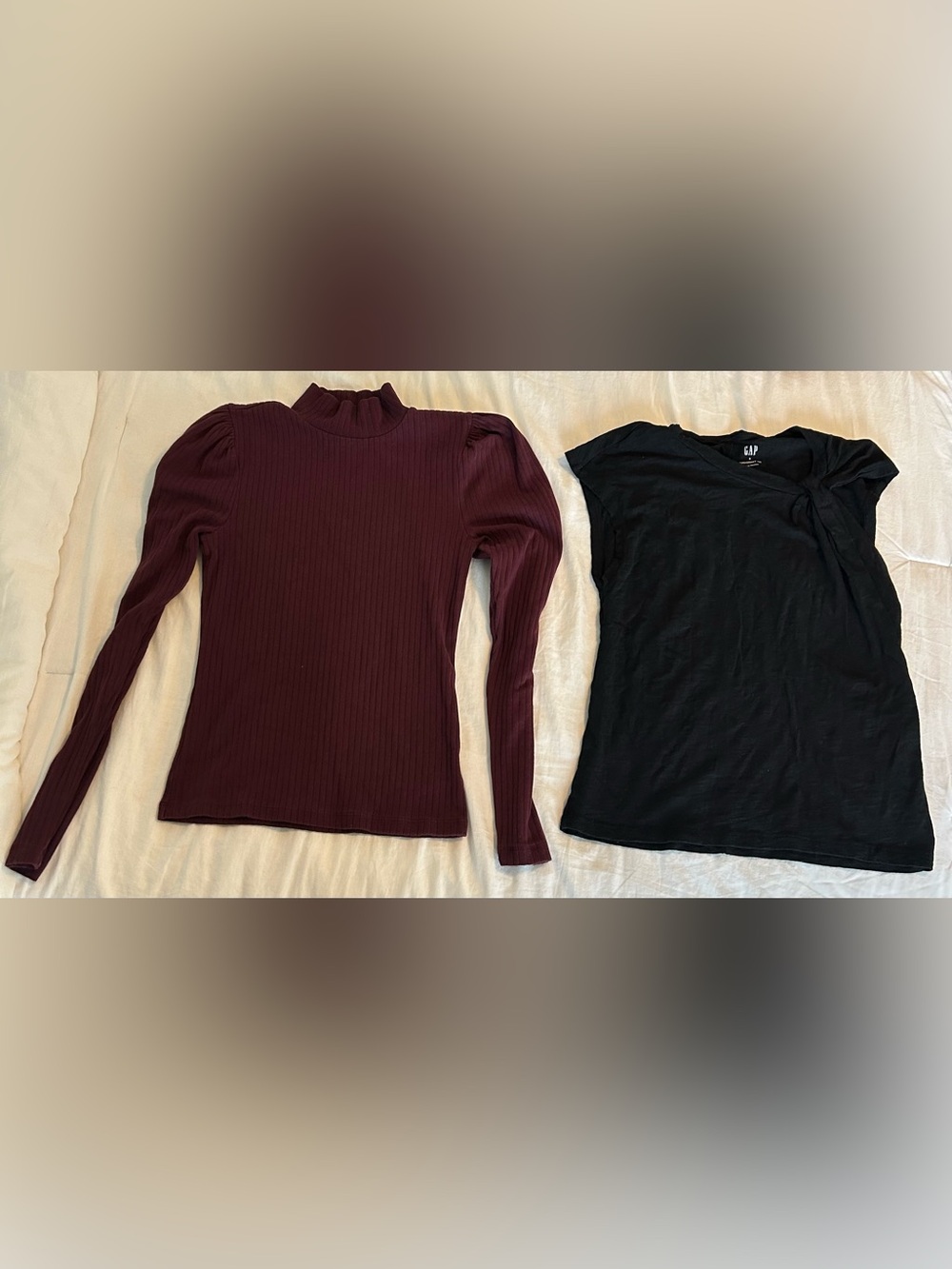 GAP Women's Long Sleeve Mock Neck Top in Deep Wine and Sleeveless Black T-Shirt